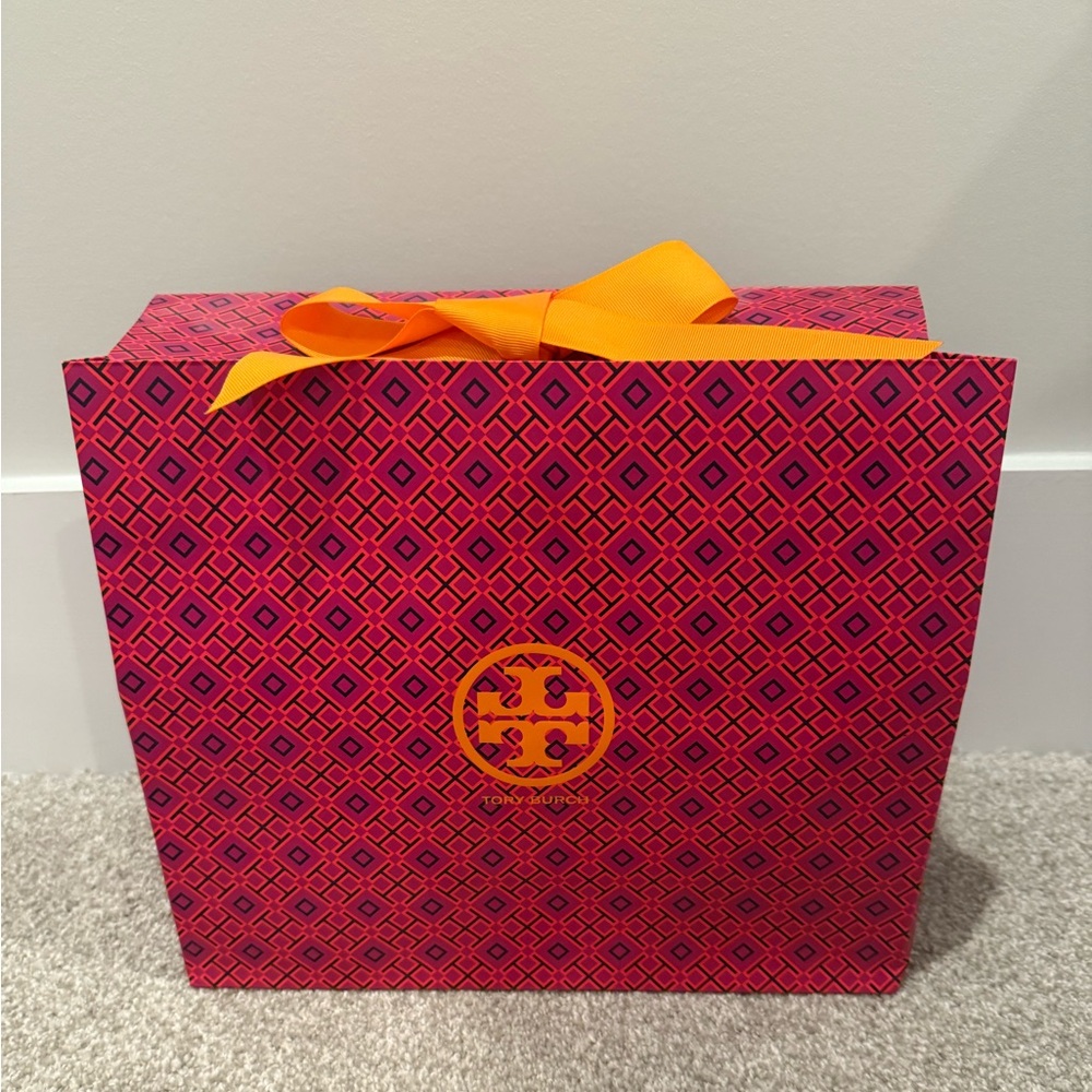 Tory Burch Vibrant Pink and Orange Patterned Gift Bag